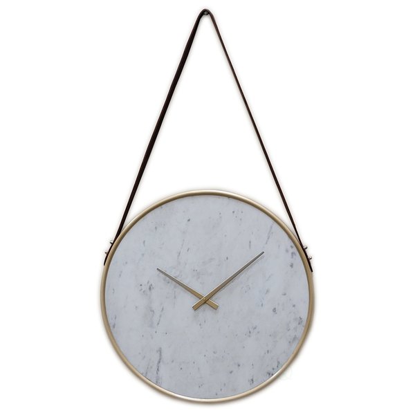 Quickway Imports Metal Wall Clock Marble Look Face, Gold Rim and Handles with Hanging Band, for Dining, Living Room QI004256